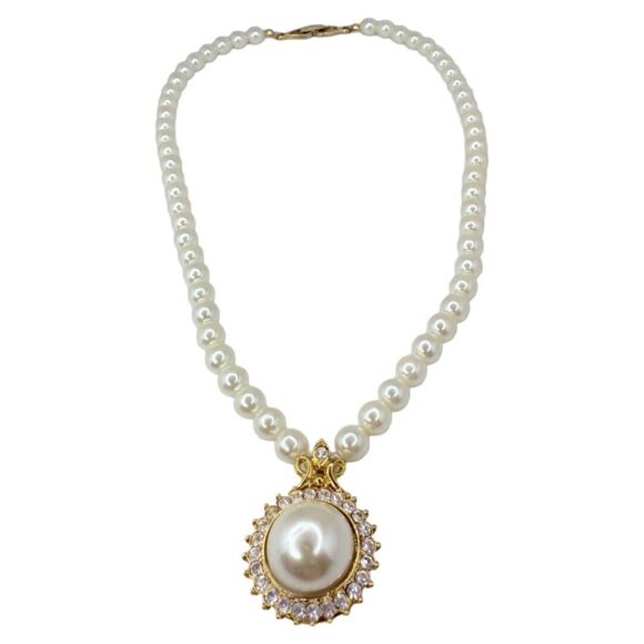 VTG White Pearl Icy Crystal Pendant Necklace 18" Gold Formal Wedding - Picture 1 of 16